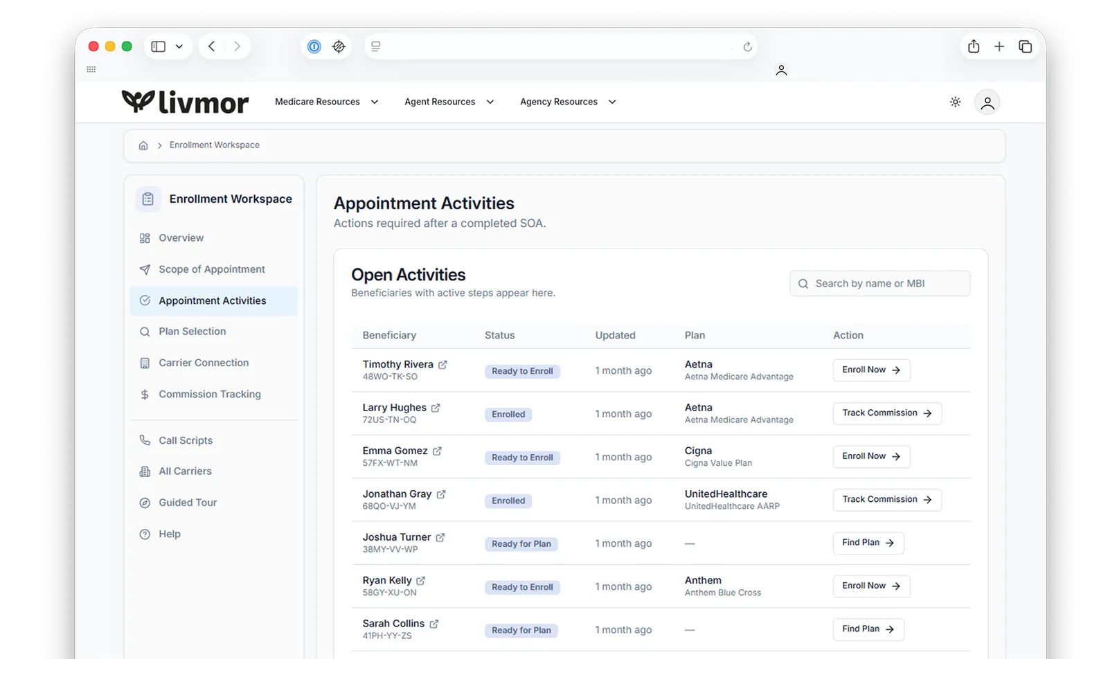 LivmorIQ Enrollment Workspace - beneficiary pipeline, Scope of Appointment, and appointment activities